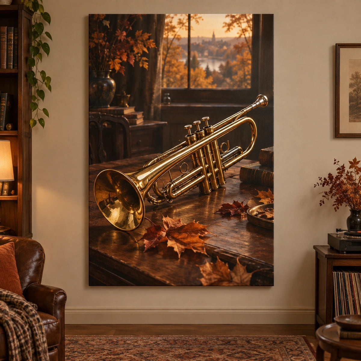 Brass trumpet and autumn leaves printed on portrait stretched canvas.