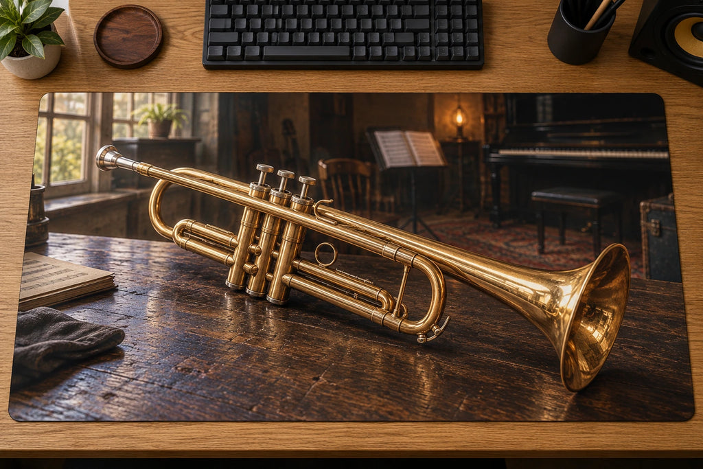 Trumpet Jazz Rehearsal Desk Mat with flat printed brass instrument and warm room depth.