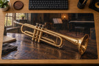 Trumpet Jazz Rehearsal Desk Mat with flat printed brass instrument and warm room depth.
