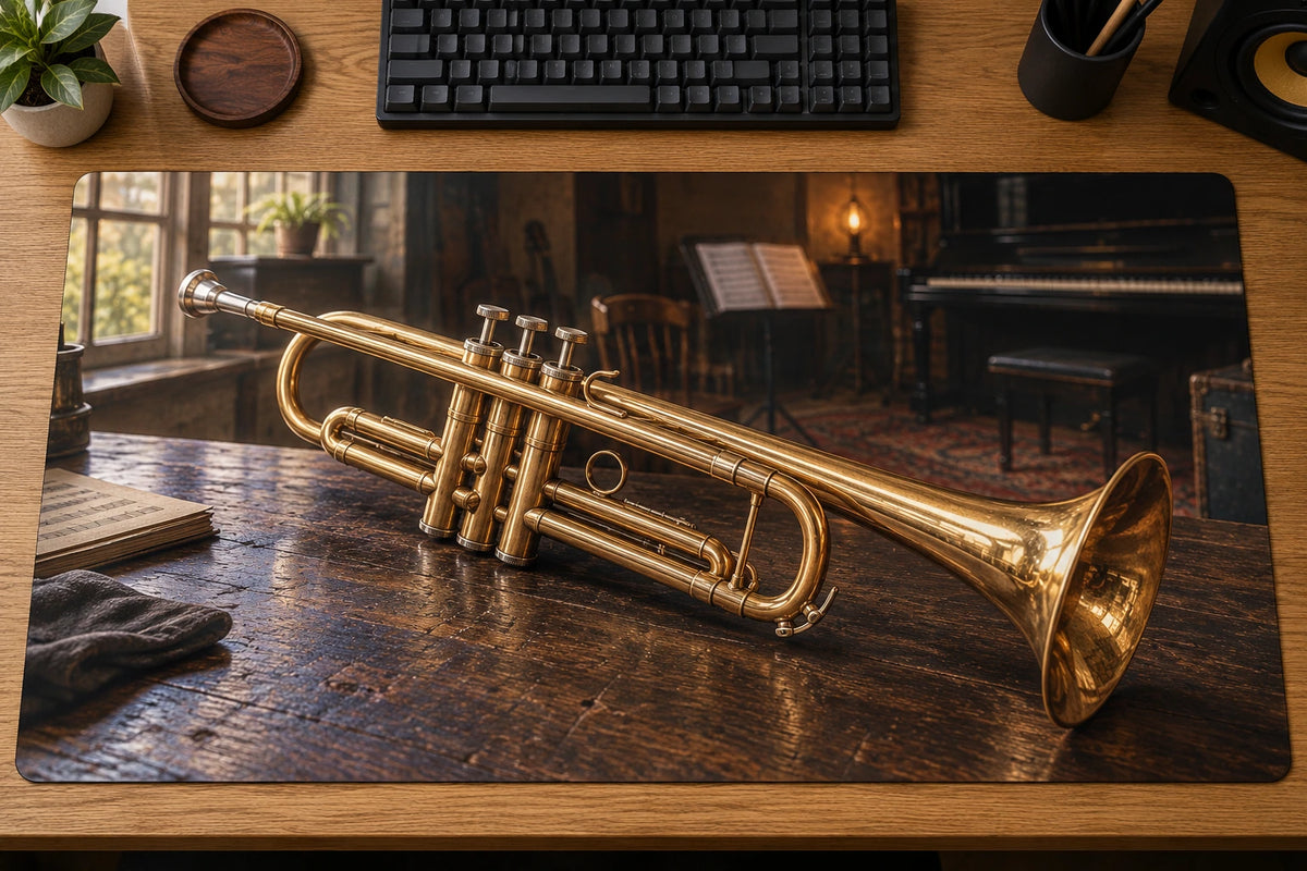 Trumpet Jazz Rehearsal Desk Mat with flat printed brass instrument and warm room depth.