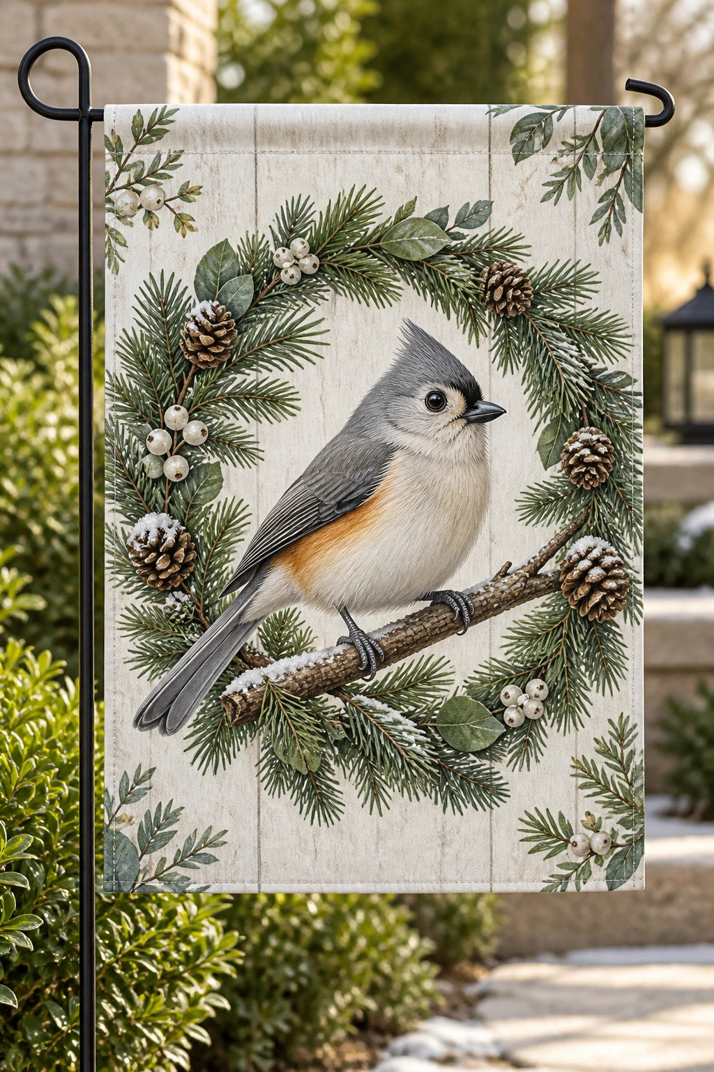 Tufted Titmouse Holiday Wreath Garden Flag with printed dimensional artwork