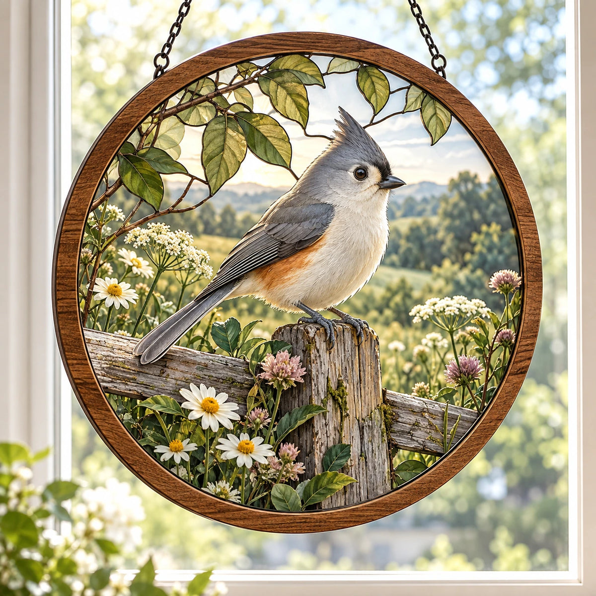 Tufted Titmouse Wildflower Fence Wood & Acrylic Suncatcher with printed dimensional artwork
