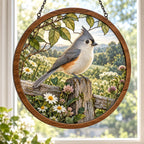 Tufted Titmouse Wildflower Fence Wood & Acrylic Suncatcher with printed dimensional artwork