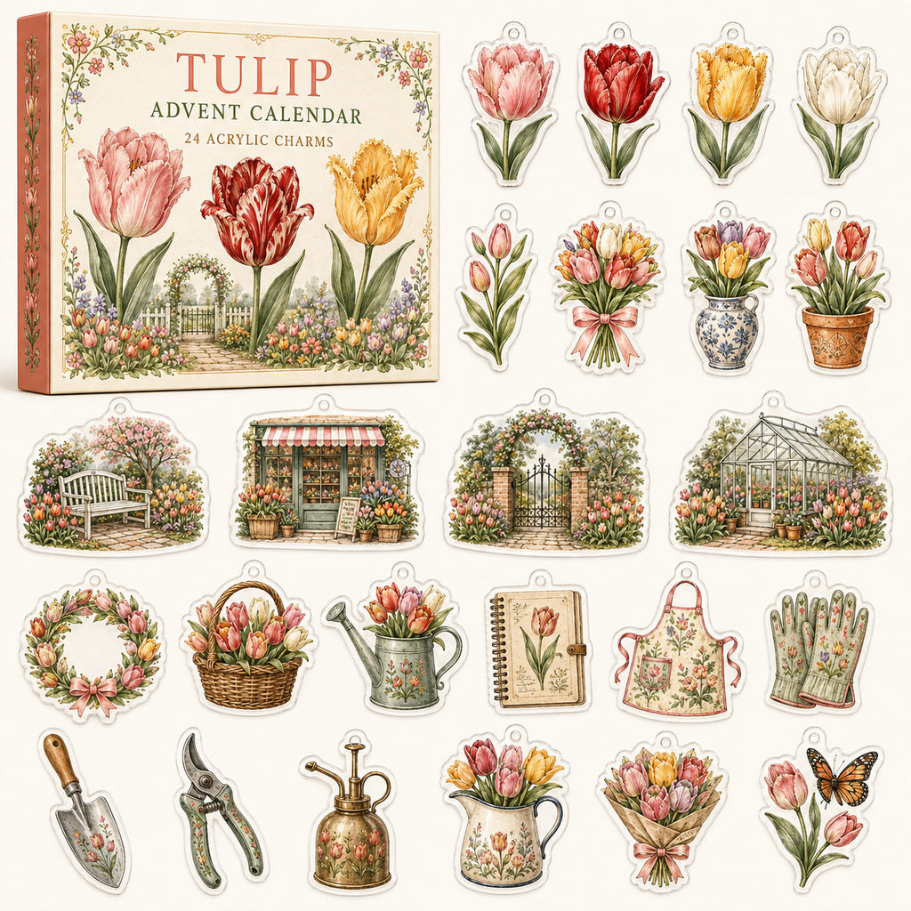 Tulip advent calendar box and 24 floral printed acrylic charms