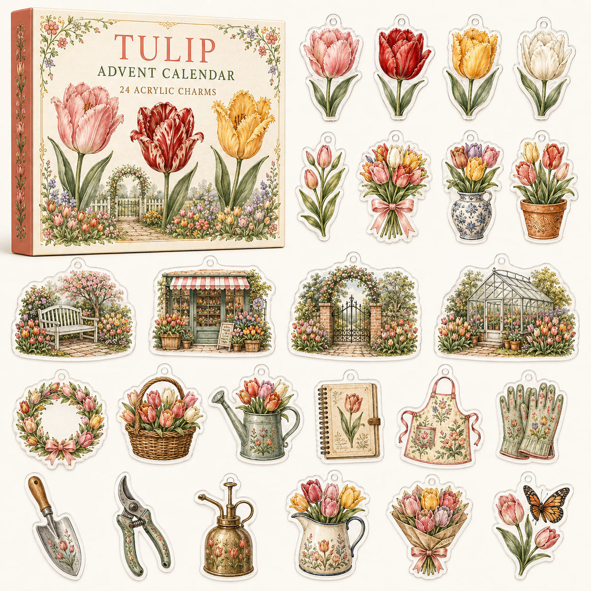 Tulip advent calendar box and 24 floral printed acrylic charms
