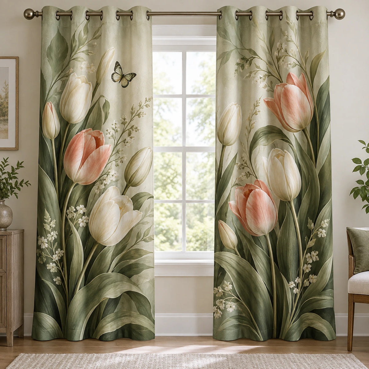 Tulip Butterfly Visitor Window Curtains with printed dimensional artwork
