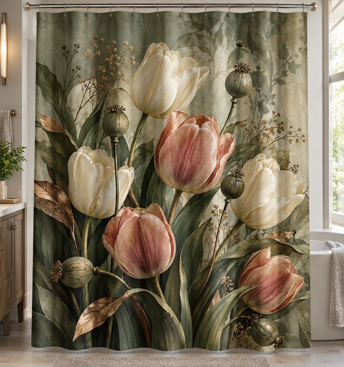 Tulip Harvest Bouquet Shower Curtain with printed dimensional artwork