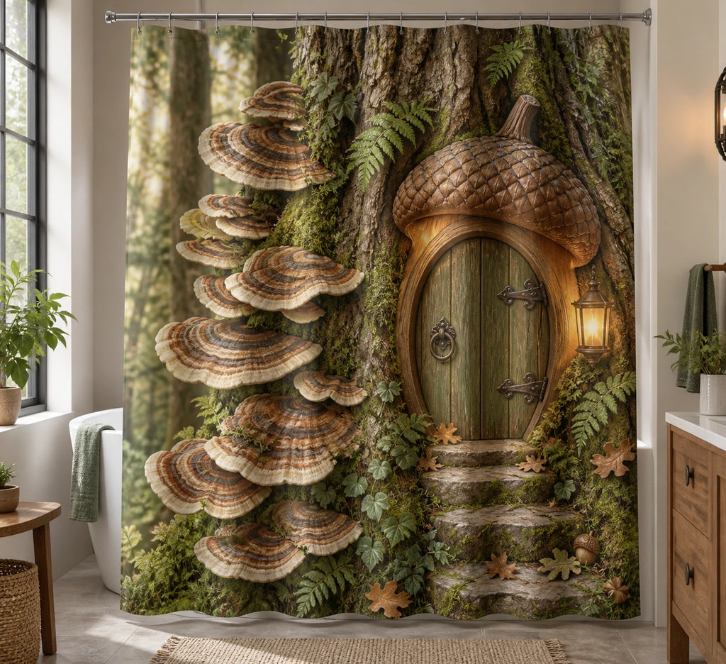 Turkey Tail Acorn Doorway Shower Curtain with printed dimensional artwork