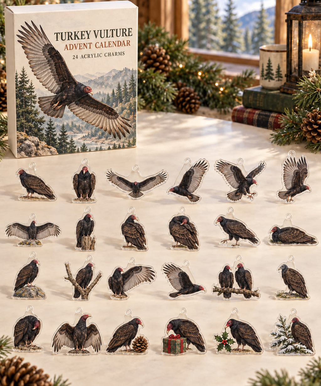 Turkey Vulture advent calendar with 24 custom-shaped flat acrylic charms and printed dimensional artwork