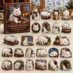 Turkish Angora advent calendar box and 24 illustrated acrylic charms displayed on an ivory tabletop in a winter setting