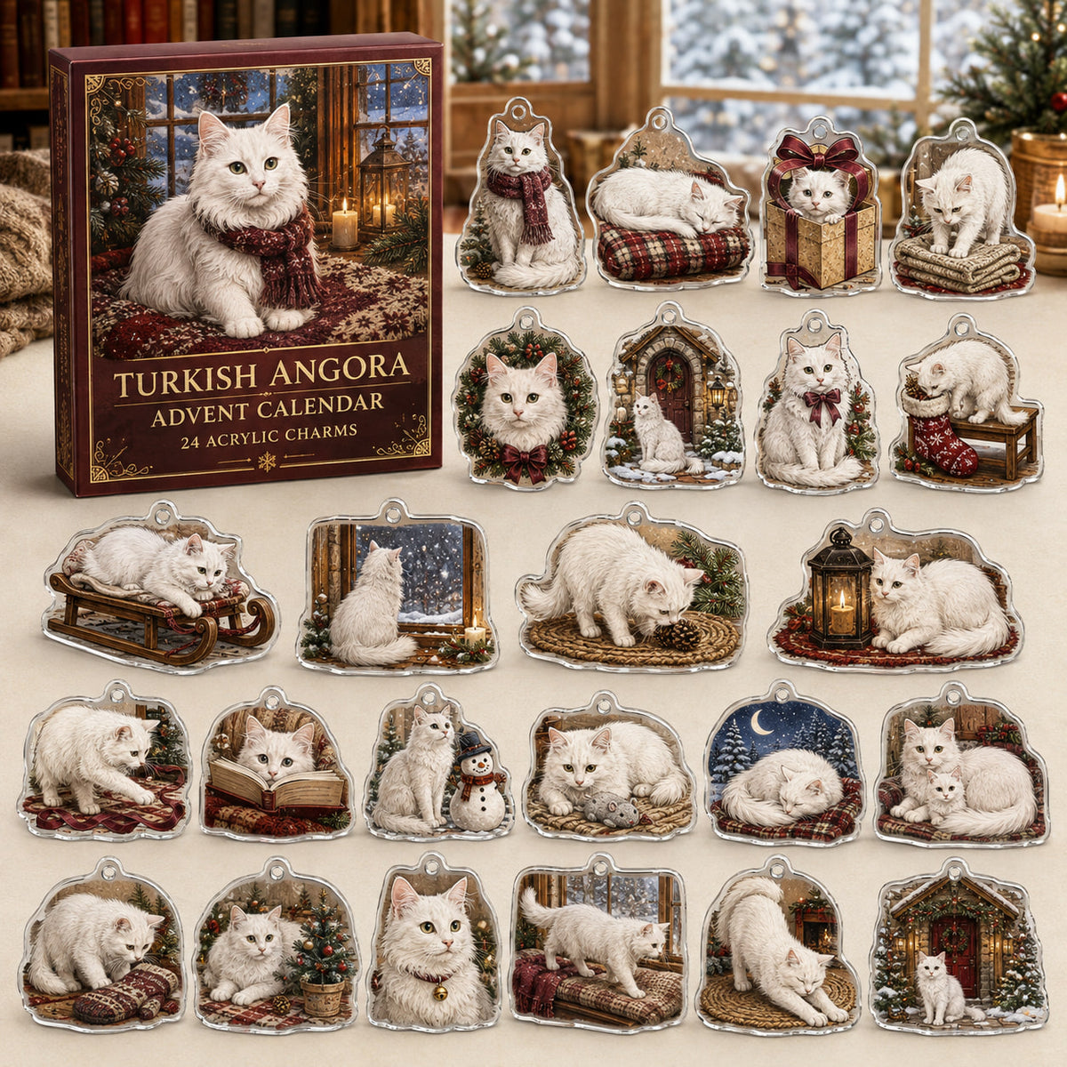 Turkish Angora advent calendar box and 24 illustrated acrylic charms displayed on an ivory tabletop in a winter setting