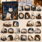 Turkish Van advent calendar box and 24 illustrated acrylic charms displayed on an ivory tabletop in a winter setting