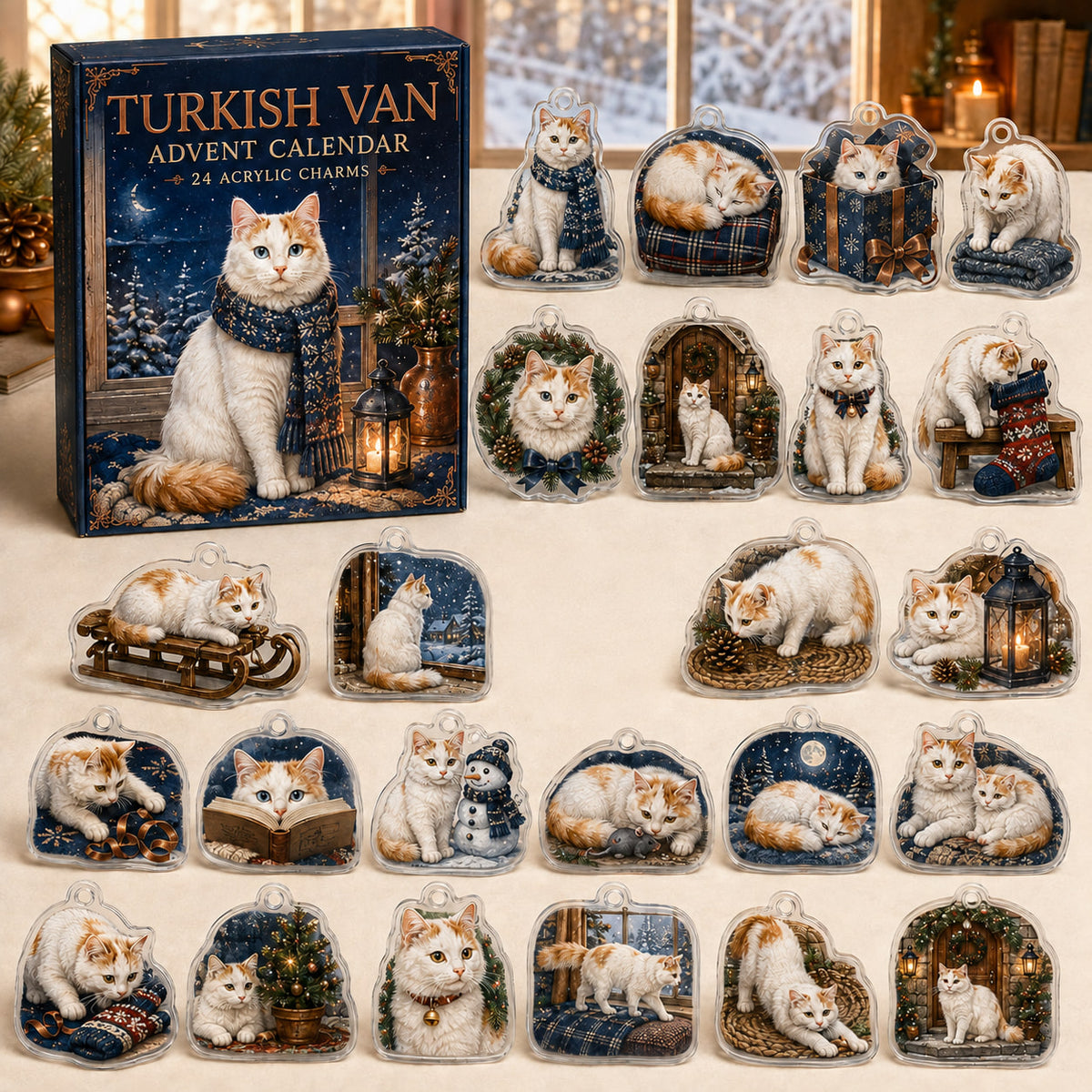 Turkish Van advent calendar box and 24 illustrated acrylic charms displayed on an ivory tabletop in a winter setting