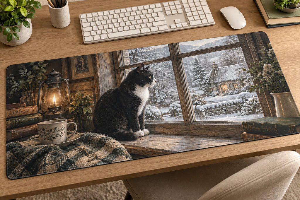 Tuxedo Cat Snow Globe View Desk Mat with printed dimensional artwork