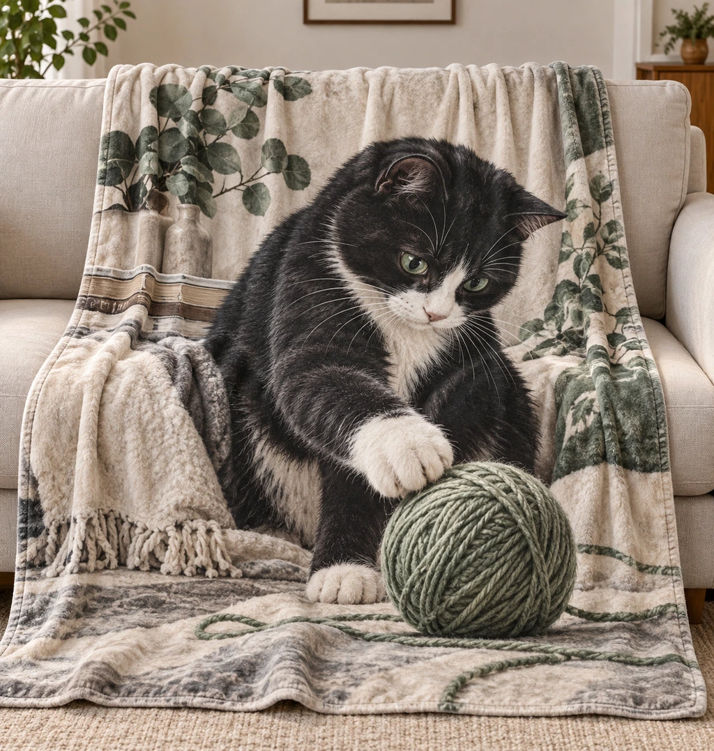 Tuxedo Cat Yarn Basket Fleece Blanket with printed dimensional artwork