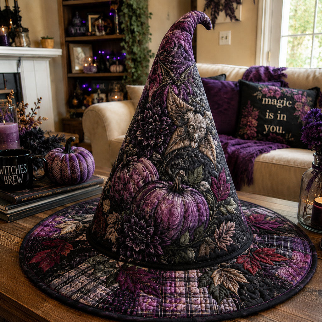 Twilight Bloom quilted witch hat, all-over print on cone and brim