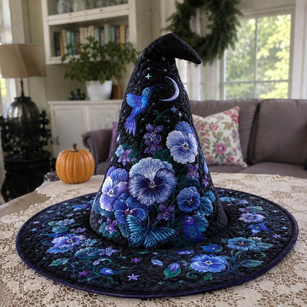 Twilight Flora quilted witch hat, all-over print on cone and brim