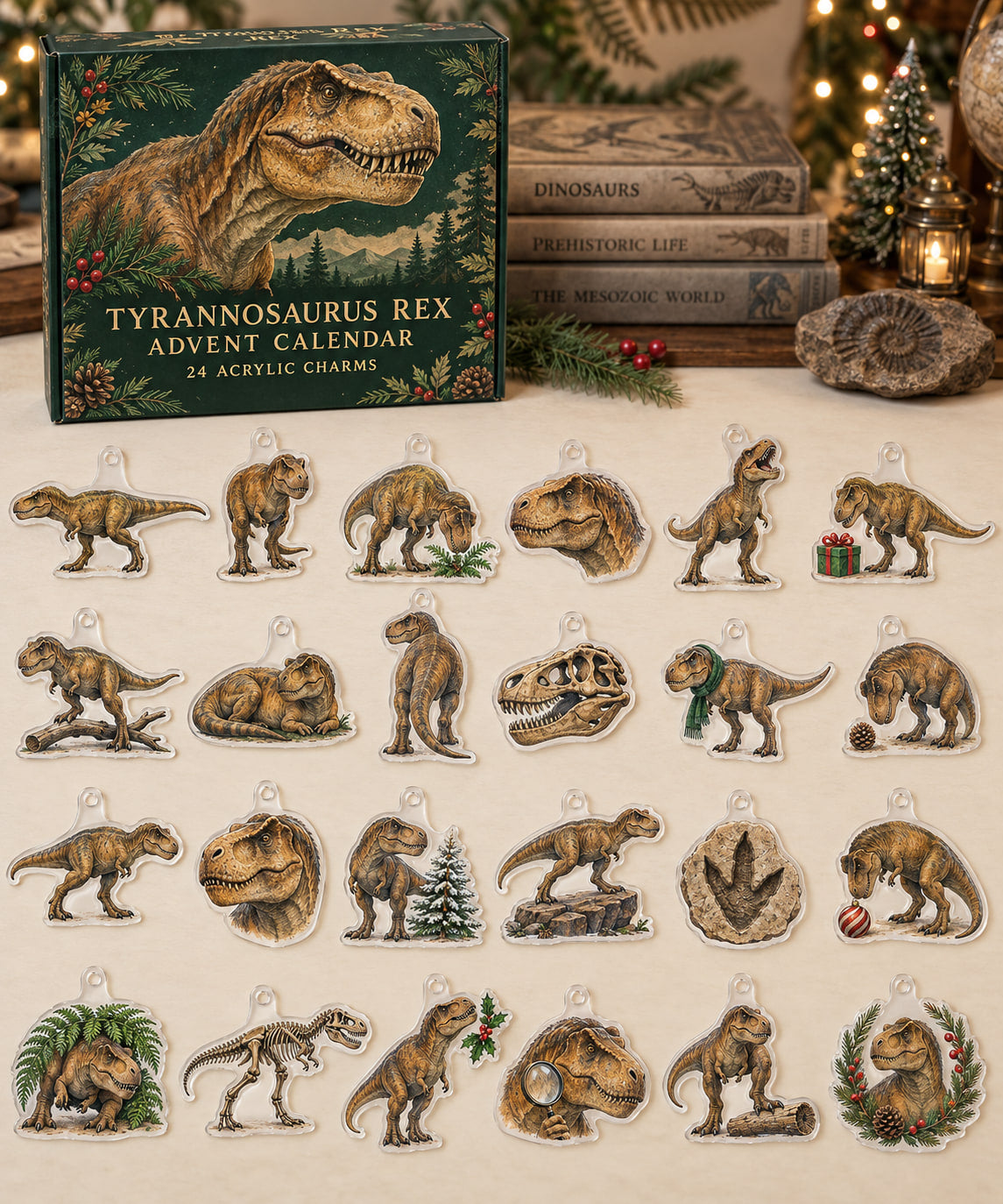 Tyrannosaurus Rex advent calendar with 24 custom-shaped flat acrylic charms and printed dimensional artwork