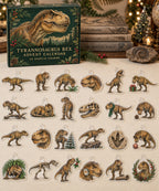Tyrannosaurus Rex advent calendar with 24 custom-shaped flat acrylic charms and printed dimensional artwork