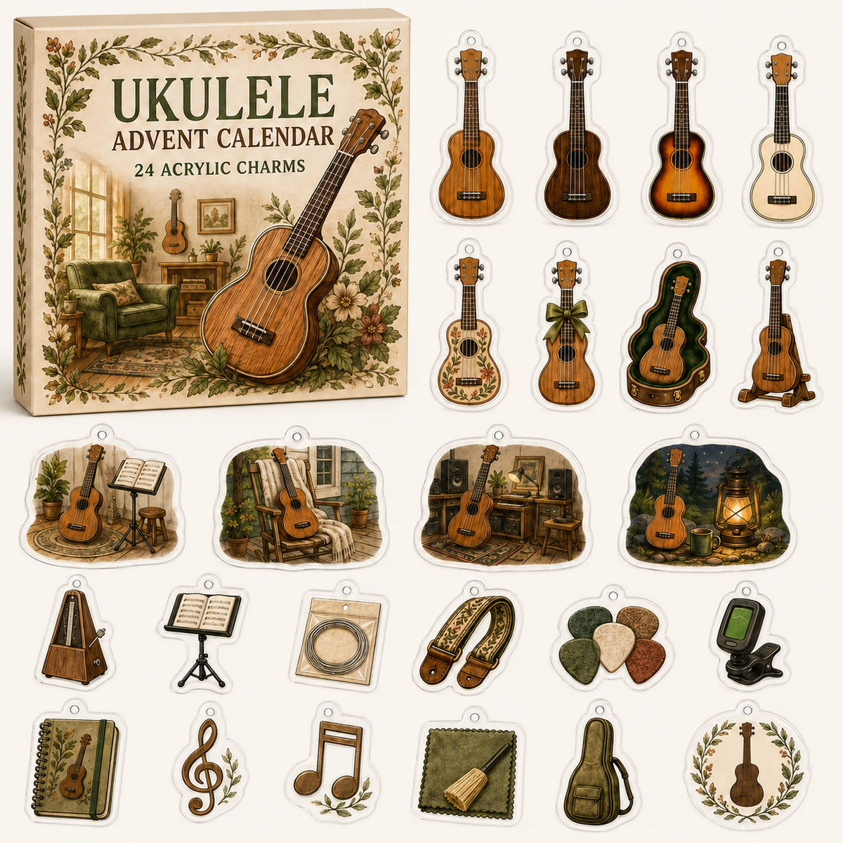Ukulele advent calendar with 24 printed acrylic music charms