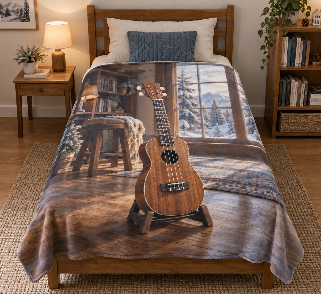 Four-string ukulele beside a snowy window, flat printed optical-depth fleece throw blanket.