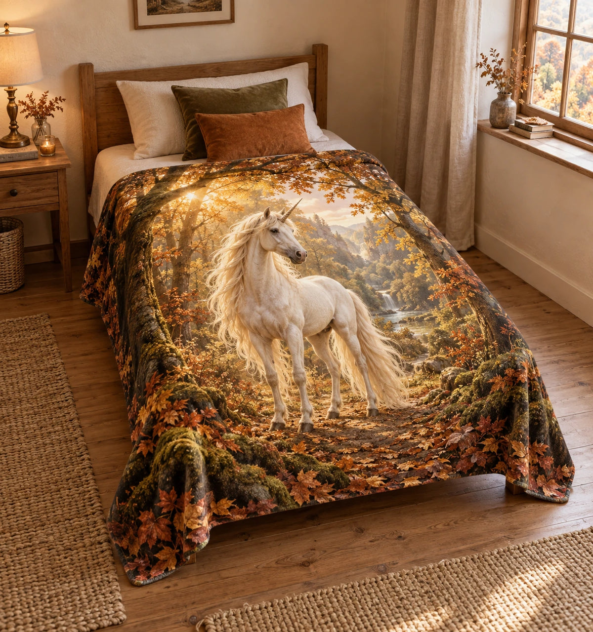 Ivory unicorn in golden autumn woodland, flat printed optical-depth fleece throw blanket.