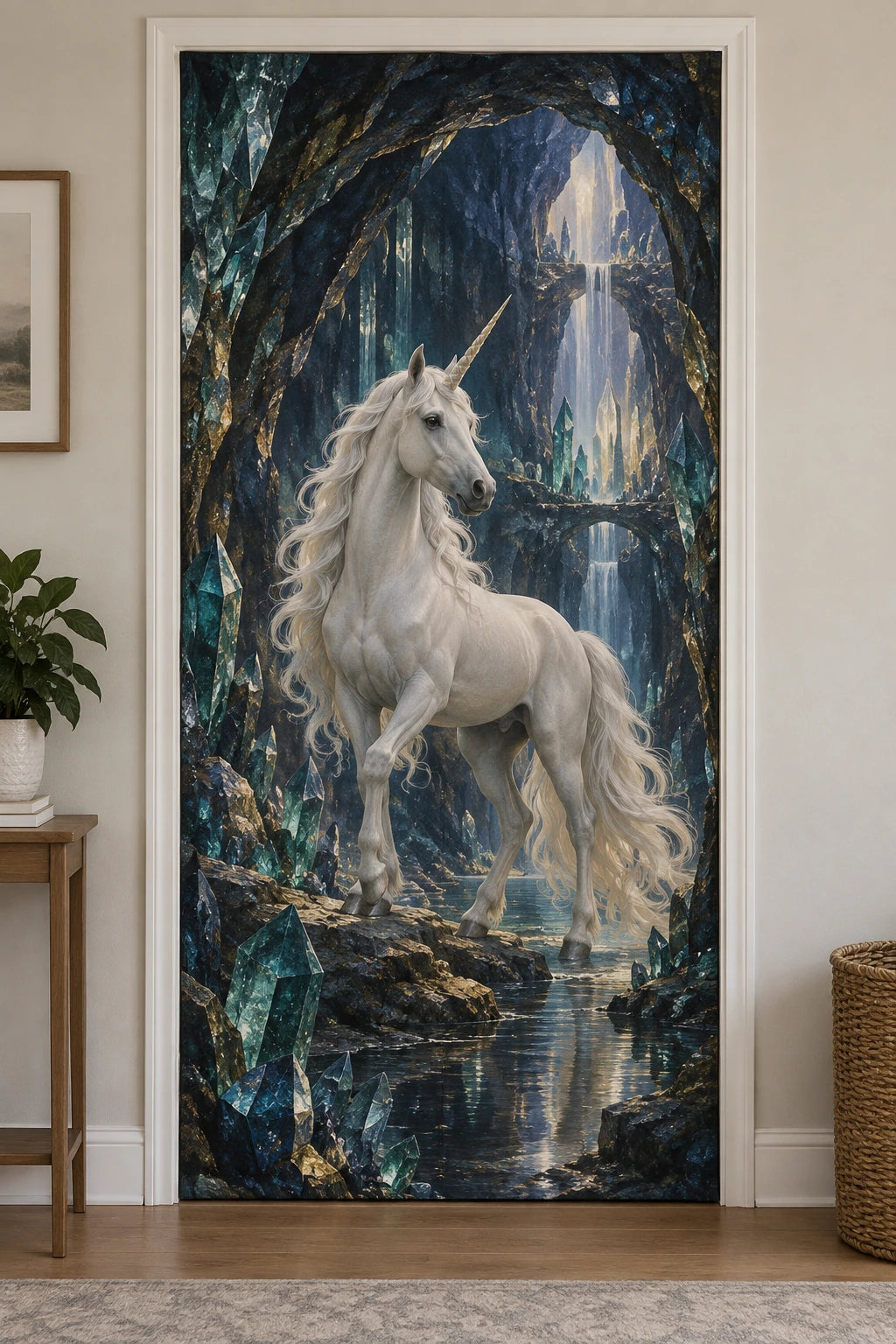 Unicorn Crystal Cavern Fabric Door Cover with printed dimensional artwork