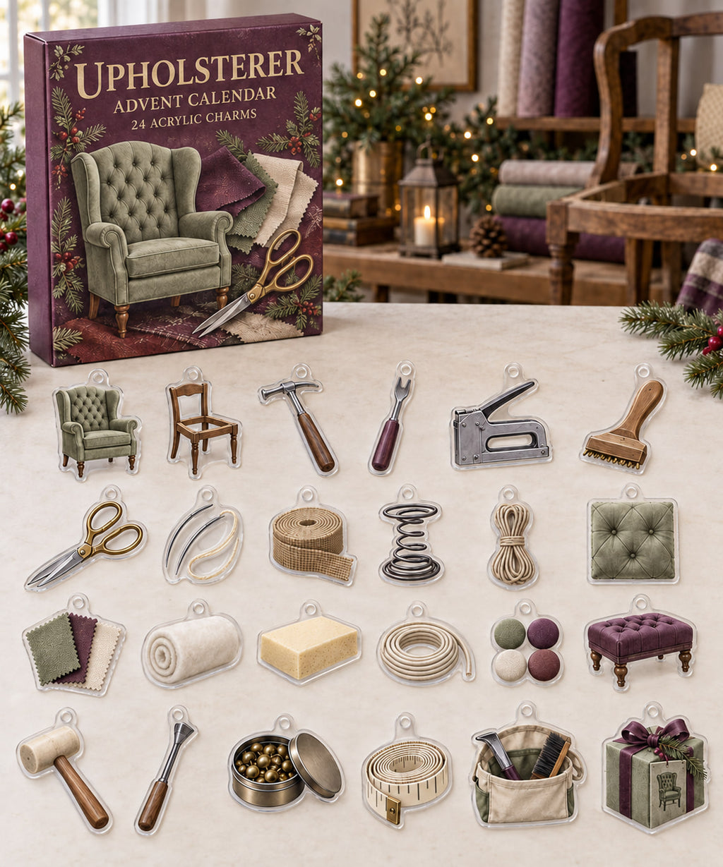 Upholsterer advent calendar with 24 custom-shaped flat acrylic charms and printed dimensional artwork