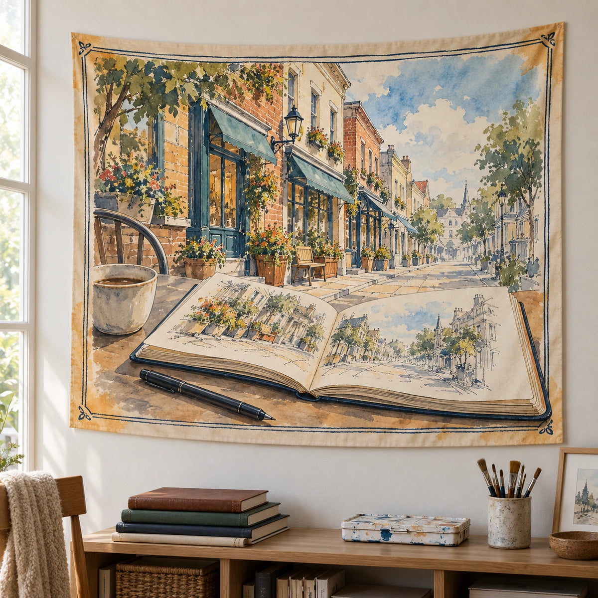 Urban Sketching Watercolor Street Wall Tapestry with original printed optical 3D artwork