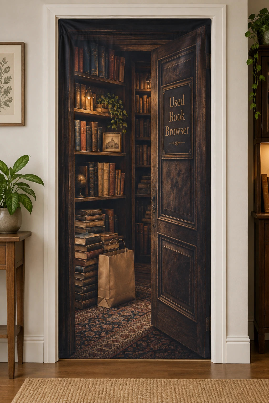 Used Book Browser Hidden Door Fabric Door Cover with printed dimensional artwork