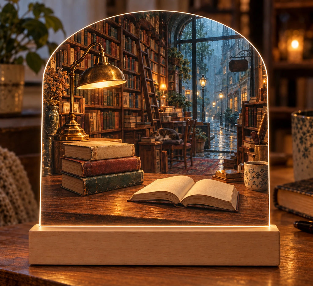 Rainy Bookshop Acrylic Night Light with flat printed books and rainy bookshop scene