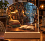 Rainy Bookshop Acrylic Night Light with flat printed books and rainy bookshop scene