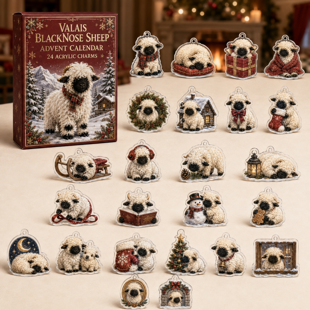 Valais Blacknose Sheep advent calendar box and full set of 24 illustrated acrylic charms on a light tabletop