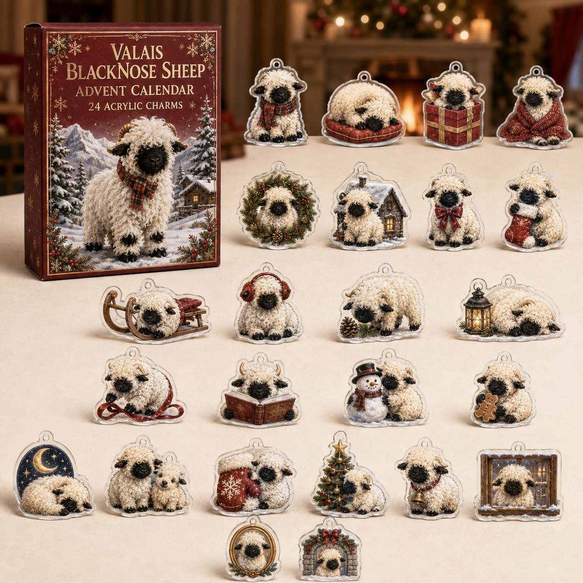 Valais Blacknose Sheep advent calendar box and full set of 24 illustrated acrylic charms on a light tabletop