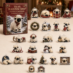 Valais Blacknose Sheep advent calendar box and full set of 24 illustrated acrylic charms on a light tabletop