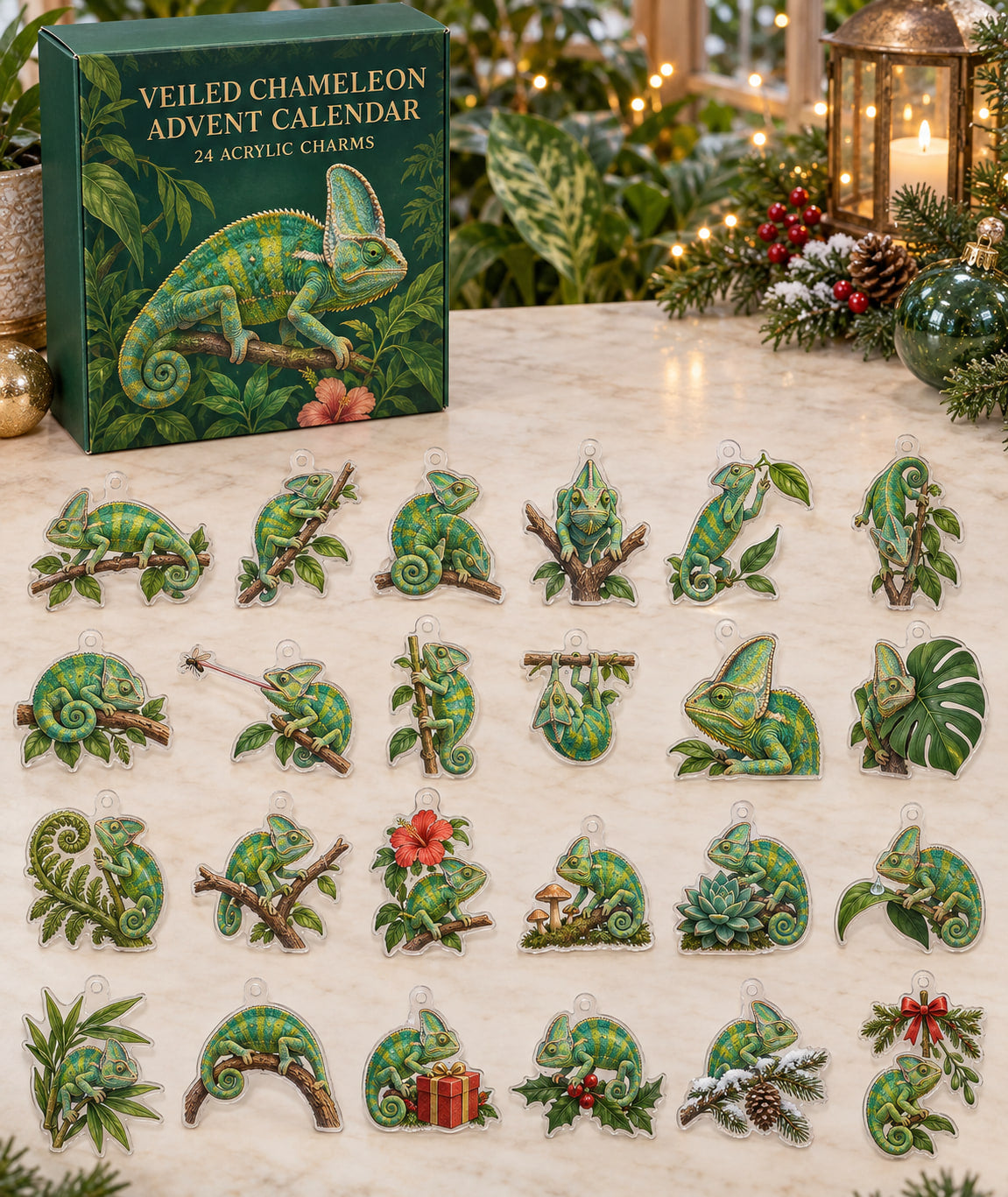 Veiled Chameleon advent calendar with 24 custom-shaped flat acrylic charms and printed dimensional artwork