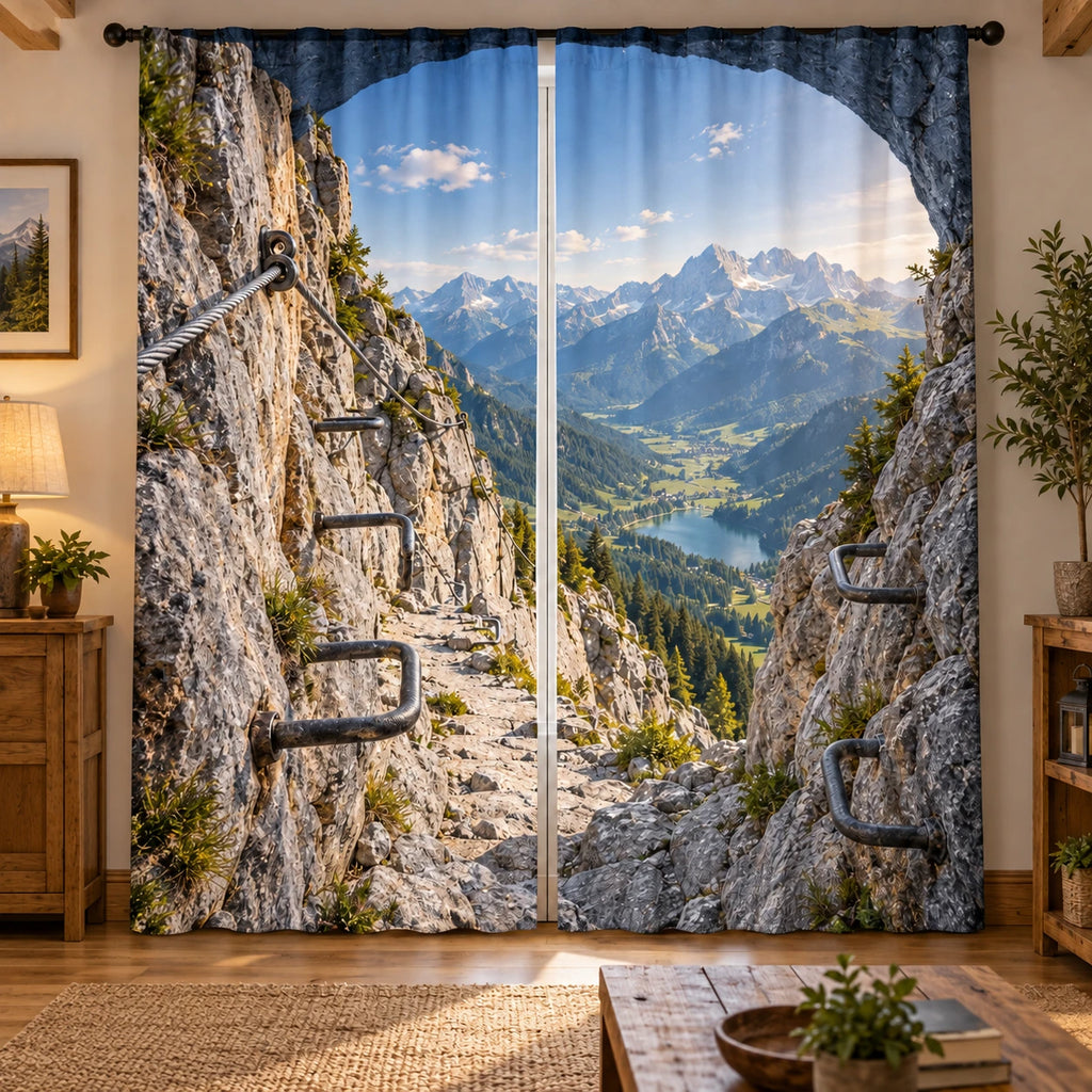 Via Ferrata Mountain Window Curtain Pair with original printed optical 3D artwork