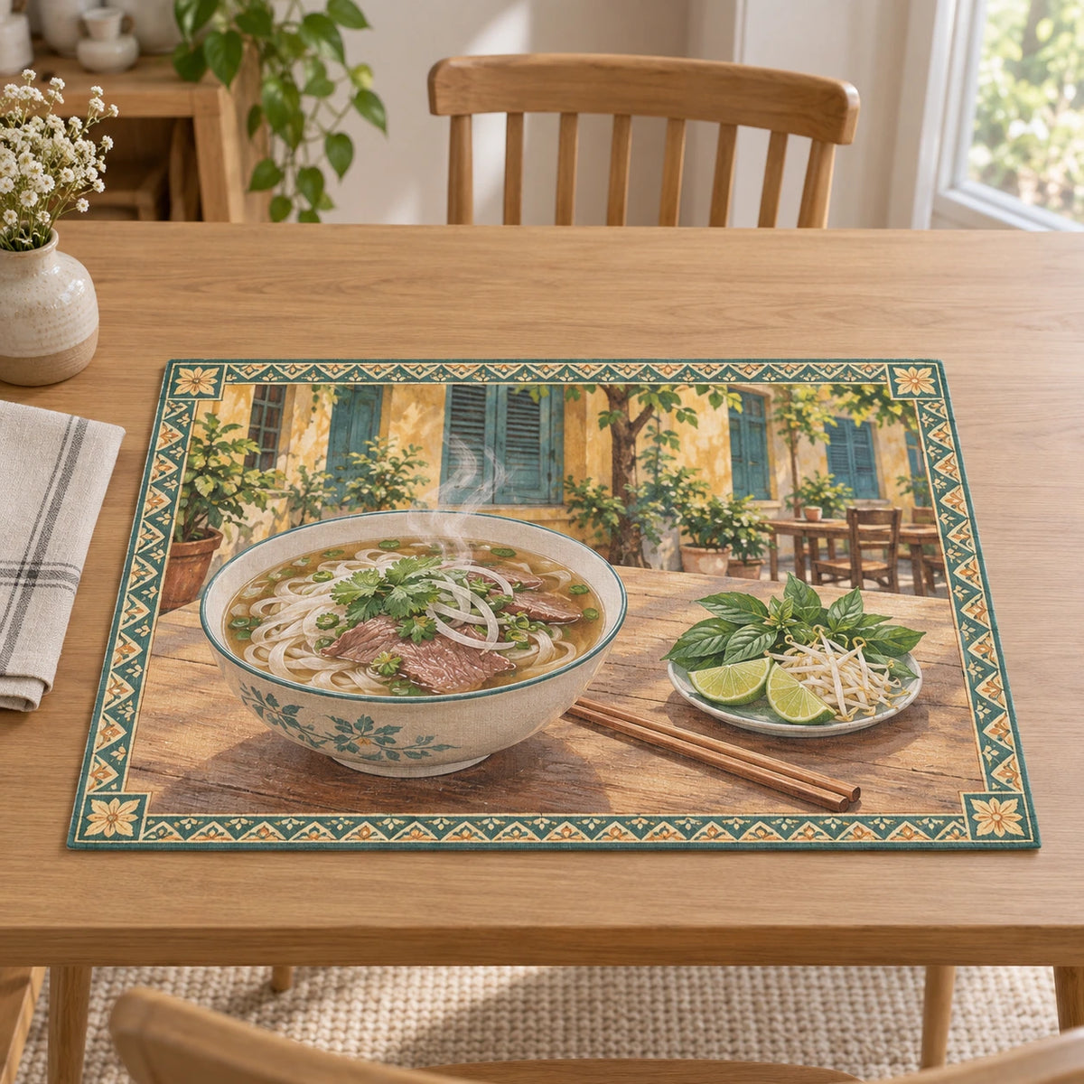 Vietnamese Pho Courtyard Placemat with original printed optical 3D artwork