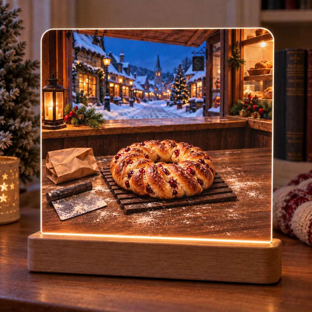 Village Bakery Cranberry Bread Acrylic Night Light with printed bread-counter and snowy lane depth