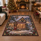Village bakery area rug with snowy cobblestones, bread-filled window and evergreen holiday accents.