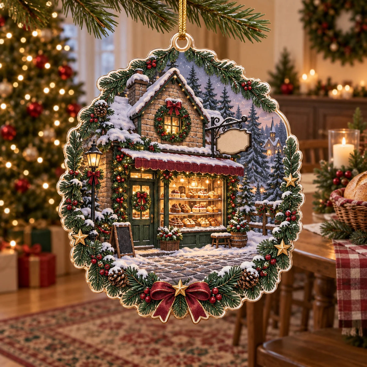 Village bakery christmas ornament with snowy cobblestones, bread-filled window and evergreen holiday accents.
