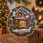 Village bakery christmas ornament with snowy cobblestones, bread-filled window and evergreen holiday accents.