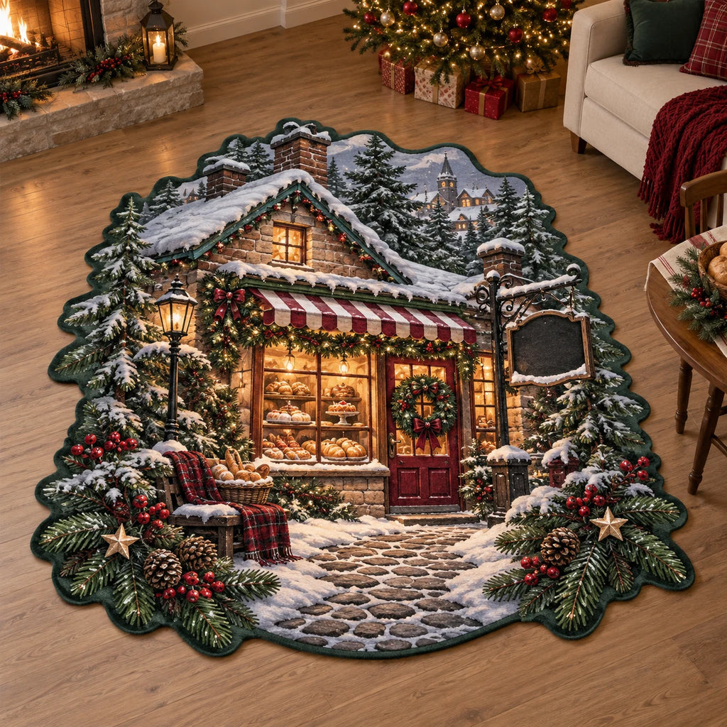 Village bakery custom shape area rug with snowy cobblestones, bread-filled window and evergreen holiday accents.