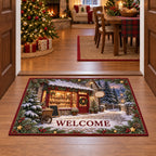 Village bakery doormat with snowy cobblestones, bread-filled window and evergreen holiday accents.