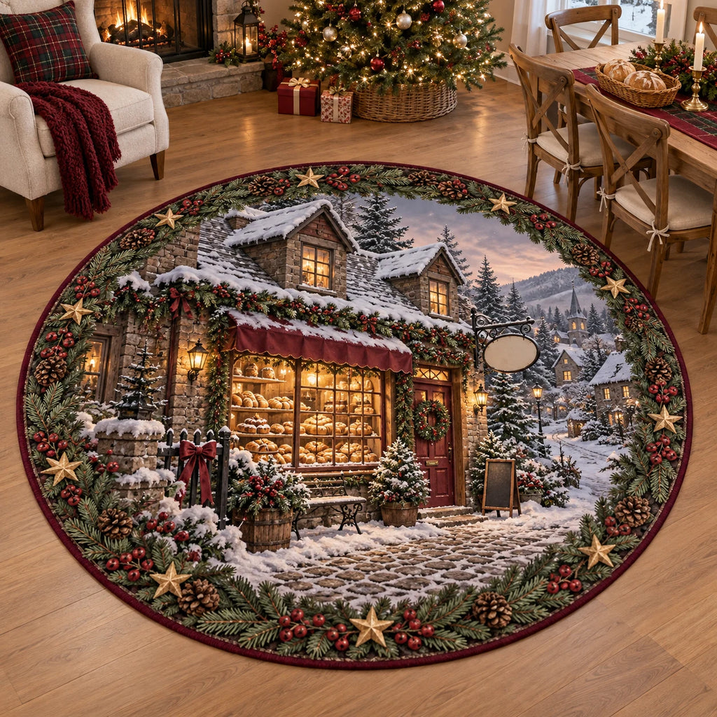 Village bakery round mat rug with snowy cobblestones, bread-filled window and evergreen holiday accents.