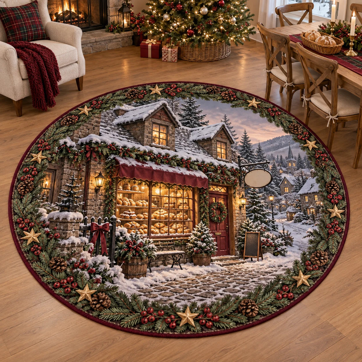 Village bakery round mat rug with snowy cobblestones, bread-filled window and evergreen holiday accents.