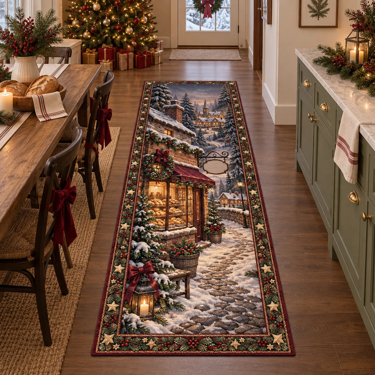 Village bakery runner rug with snowy cobblestones, bread-filled window and evergreen holiday accents.