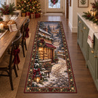 Village bakery runner rug with snowy cobblestones, bread-filled window and evergreen holiday accents.