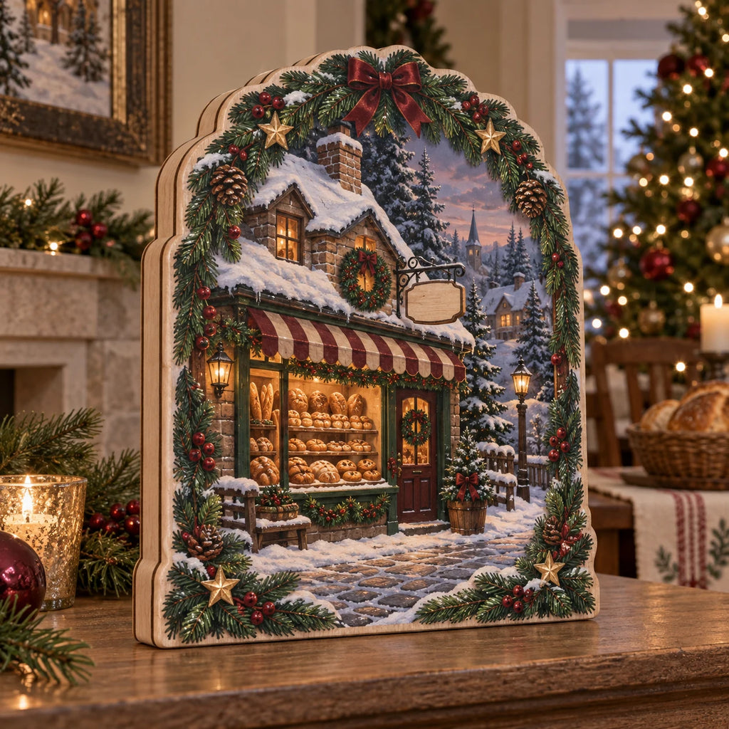 Village bakery wooden block with snowy cobblestones, bread-filled window and evergreen holiday accents.