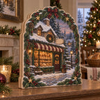 Village bakery wooden block with snowy cobblestones, bread-filled window and evergreen holiday accents.
